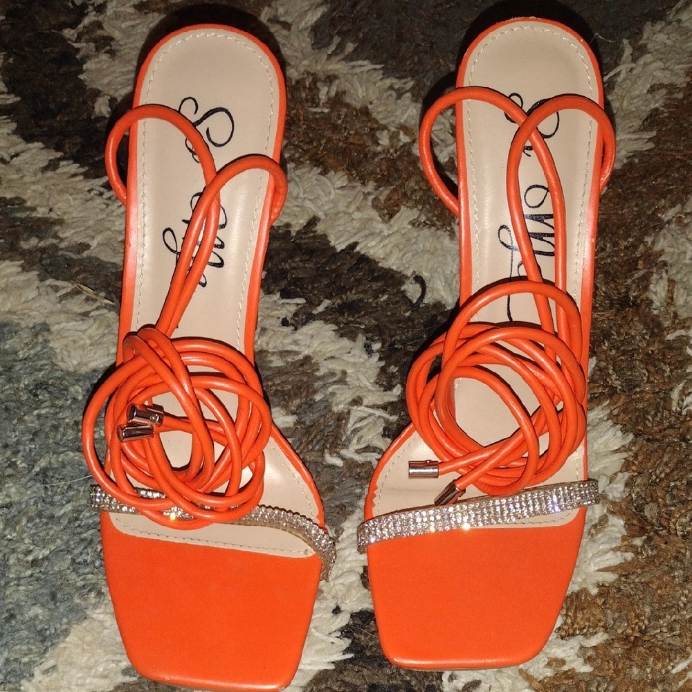 So Me Orange Strappy Heels with Rhinestone Accents